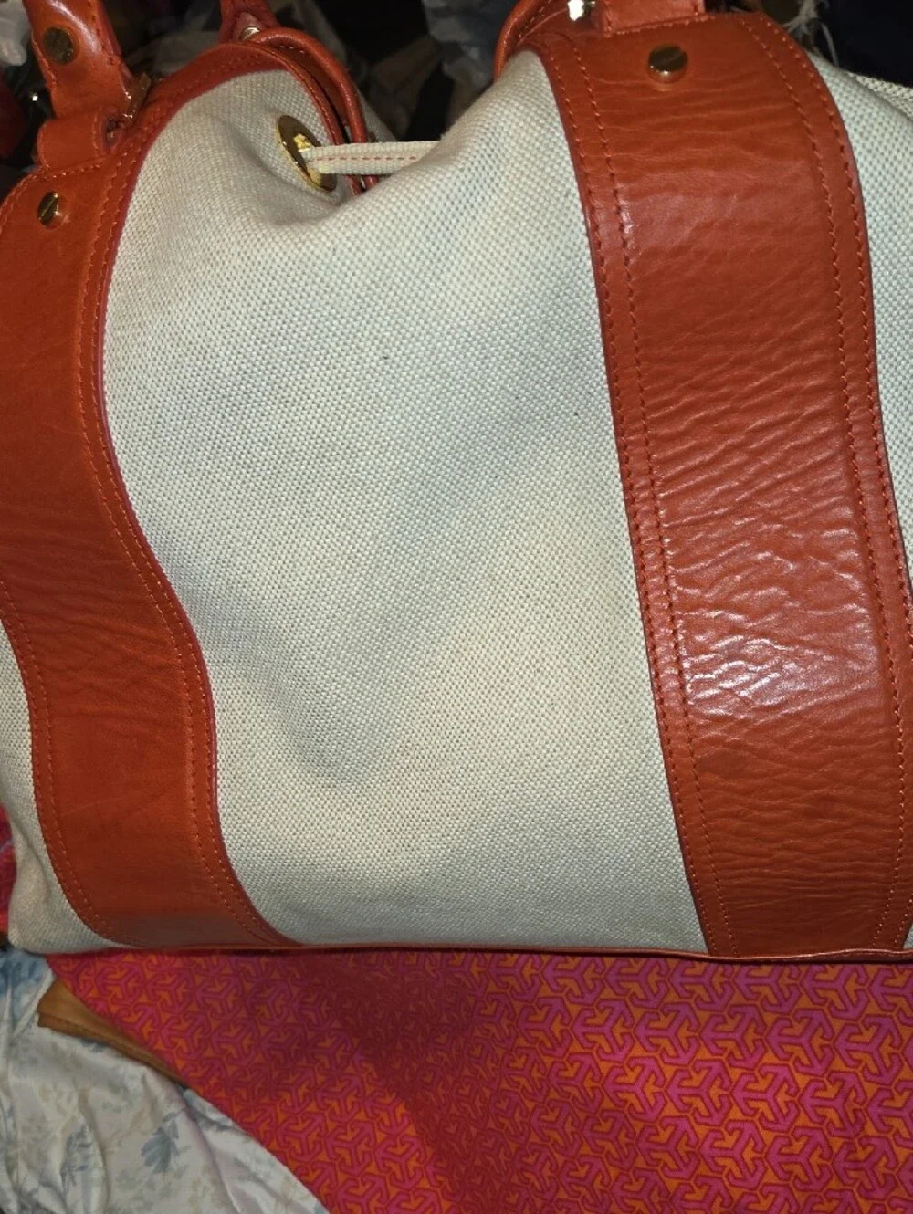 Tory Burch Cream Canvas Tote with Tan Leather Trim